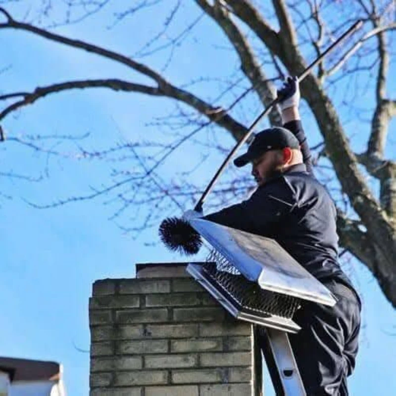 Chimney relining specialist working on chimney from rooftop Greenville SC
