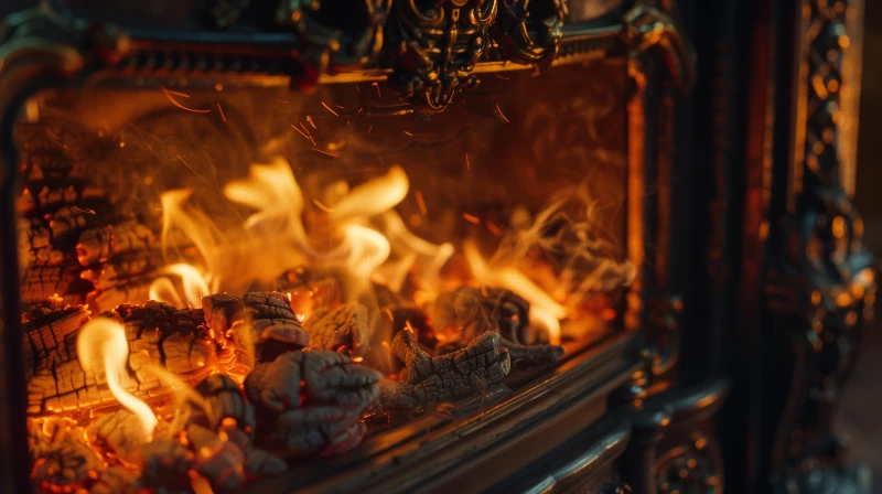 Gas fireplace cleaning service Greenville SC — burning embers in ornate cast iron fireplace